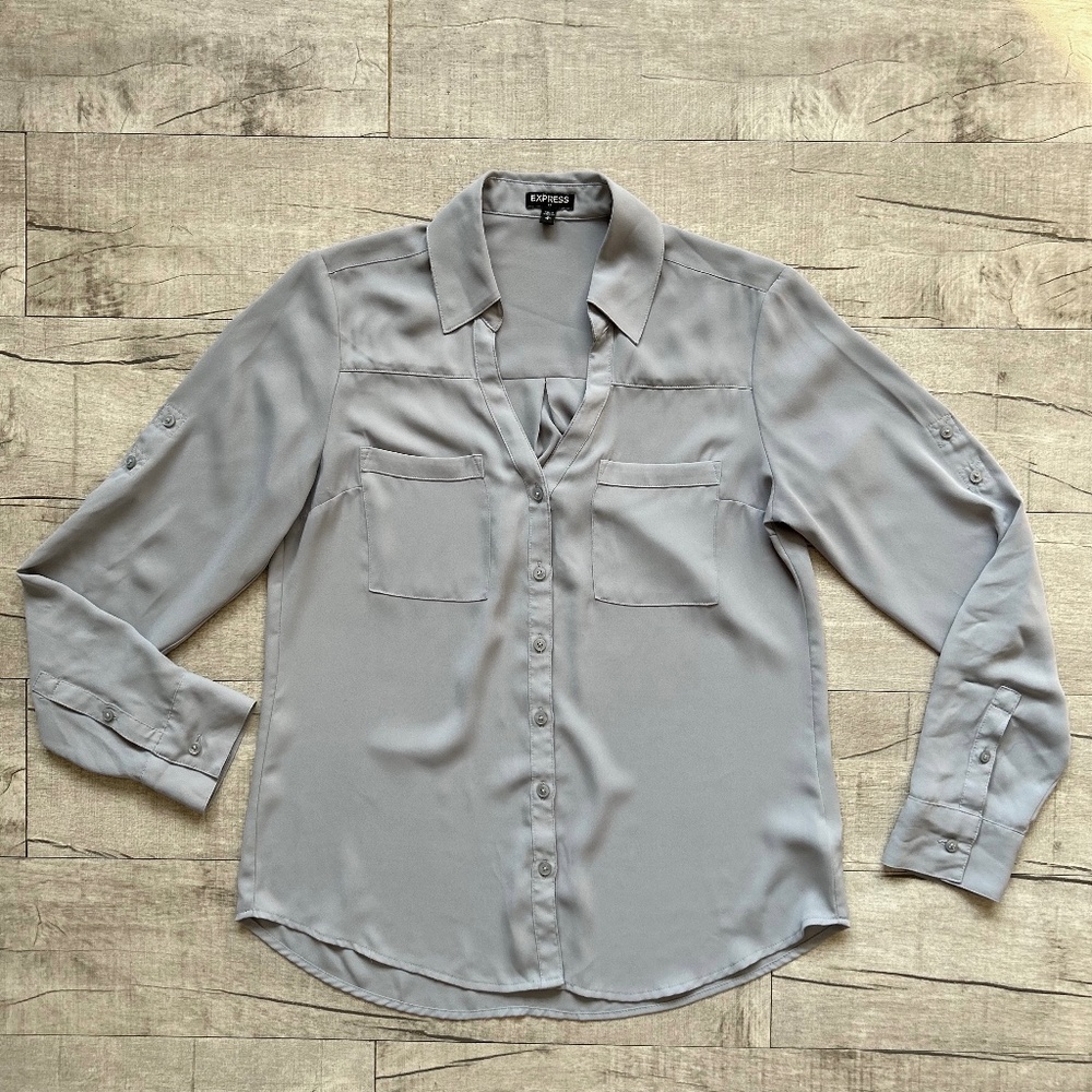 Express Gray Portofino Long Sleeve Button Down Office Silver Shirt Blouse S